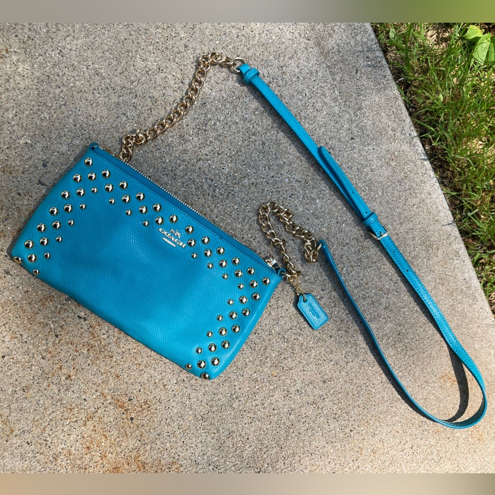 Coach Quinn Teal Blue Metal Bubble Studded Soft Leather Small Crossbody Purse - Picture 11 of 17